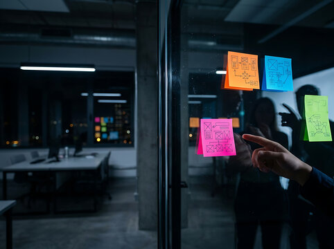Professional Team Brainstorming Strategy Session Using Colorful Sticky Notes on Office Glass Wall at Night