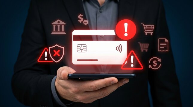 Online Payment Fraud Detection and Cybersecurity Threat Alert. Smartphone with Blocked Credit Card Transaction Warning and Security