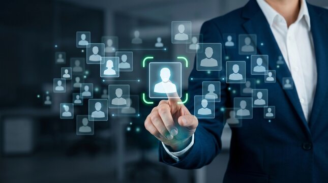 Targeting and Personalization of Customer Communication. Marketing Automation System. Marketer Tapping Customer Icon