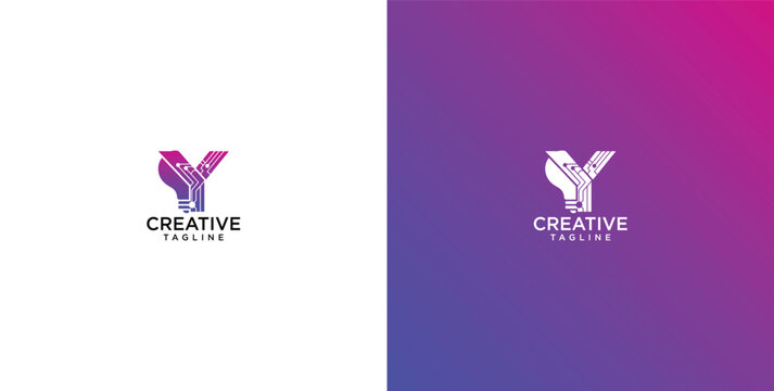 Minimalist Letter Y Logo Design Featuring Digital Circuit Board Patterns with Vibrant Gradient Color Schemes for Technology Brands
