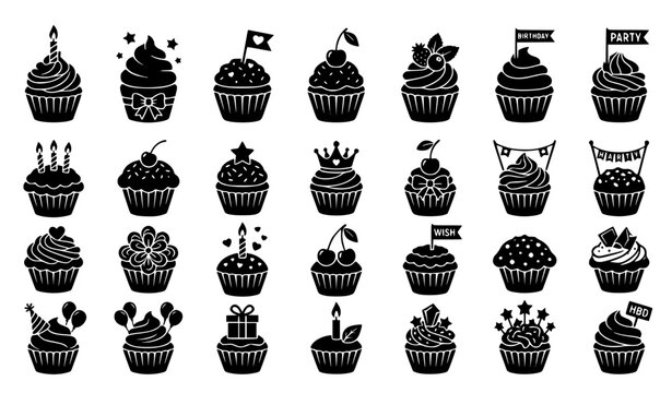 Minimal Cupcake Icon Set Vector with Black and White Sweet Dessert Silhouettes