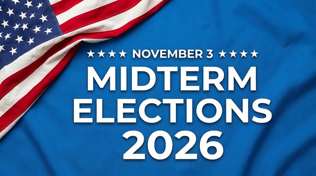 Midterm Elections 2026 Banner with American Flag Background Close Up