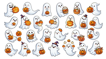 Fototapeta premium 25 unique ghosts holding jack-o'-lanterns, carved pumpkins, mini pumpkins and pumpkin baskets, isolated on white background.