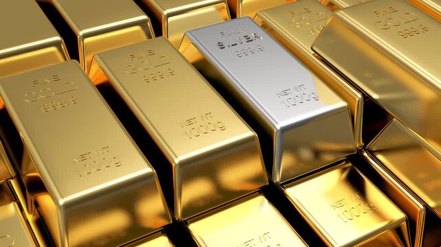 Shiny gold bullion bars fill the frame while a silver ingot shifts among them in a close-up luxury precious metals scene, 3D render