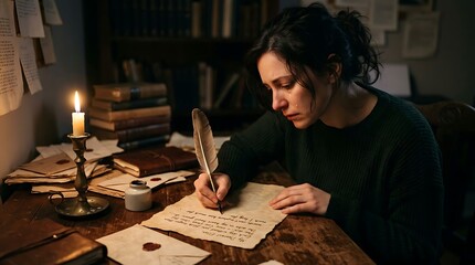 Fototapeta premium Focused woman writing with a quill pen on old paper at a vintage desk with books