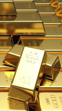 Shiny stacked gold bars shift in close-up, showing reflective bullion ingots engraved with purity markings in a luxurious financial wealth concept, 3D render