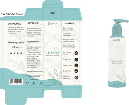 Cosmetic Packaging Mockup for gentle cleanser Box and Bottle.