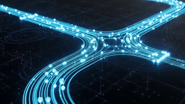 Intersecting glowing blue data pathways on dark circuit grid.