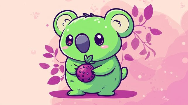 Cute green koala holding fruit, whimsical background, adorable cartoon
