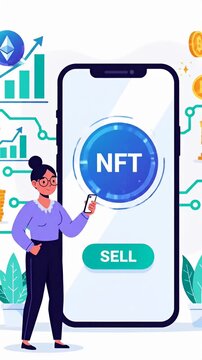 NFT marketplace mobile app illustration with crypto icons.