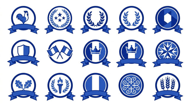 Collection of Blue Circular Emblems with Ribbons and Symbols.