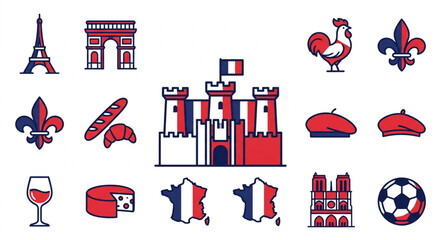 Collection of French Symbols and Landmarks Icons. © Lili