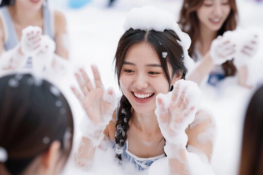 Asian women laugh and play in a white foam party. Friends enjoy water splashing and bubbly fun. Young people have a wet joyful time on summer vacation.