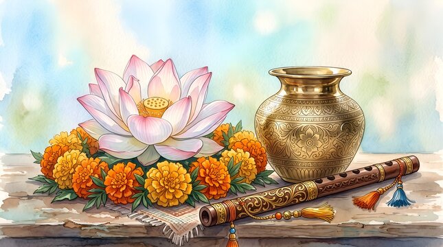 Hindu Puja Watercolor with Lotus Flower Marigold Garland Sacred Kalash and Flute on Soft Pastel Background