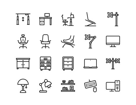 Office, working area, work room or co-working linear icons. Editable stroke