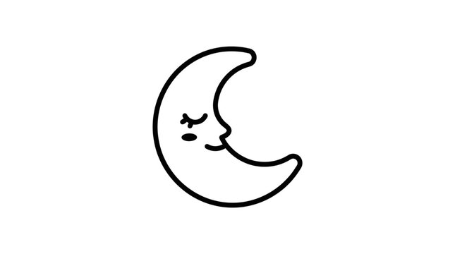 A simple black and white line drawing of a sleeping crescent moon character