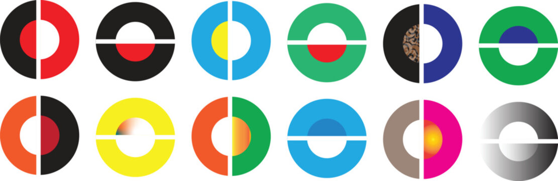 Set of abstract circular logo icons featuring vibrant geometric shapes and colorful patterns presented as a flat vector on transparent background.