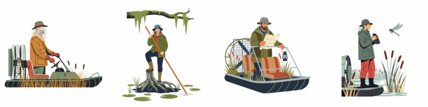 Vector illustrations of swamp explorers navigating wetlands on airboats, wearing protective gear, and using tools like maps and binoculars.