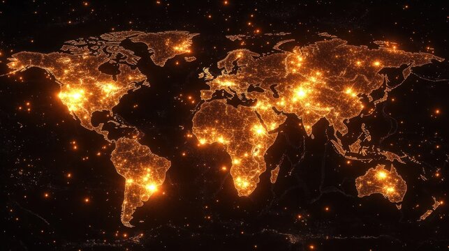 Glowing Earth: A mesmerizing digital illustration of the world map, illuminated by countless lights representing human settlements and global connectivity.