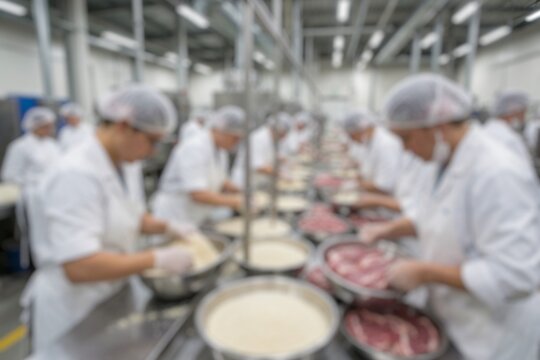 Blurred catering employees working together in a high capacity meal production kitchen.