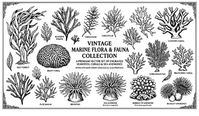 Vintage Marine Flora and Fauna Botanical Vector Illustration Set Featuring Hand Drawn Sketched Coral Reef Organisms Sea Anemones and Seaweed Algae for Ocean Science Layouts © Hosneara