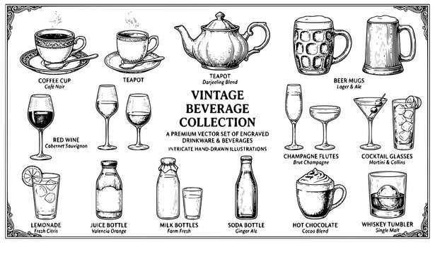 Vintage Beverage Collection Vector Illustration Set Featuring Hand Drawn Sketched Wine Glasses, Beer Mugs, Coffee Cups, Teapot, Cocktails, and Bottles for Restaurant Menu Designs