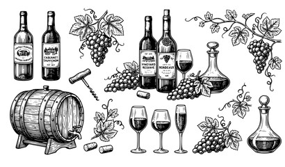 Obraz premium Vintage Hand Drawn Wine Production and Tasting Engraving Vector Element Set with Bottles Glasses Wooden Barrel Grapes and Decanters for Winery Menu Designs