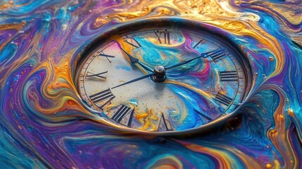 Obraz premium Timeless Abstract: A Clock Submerged in Vibrant, Swirling Colors