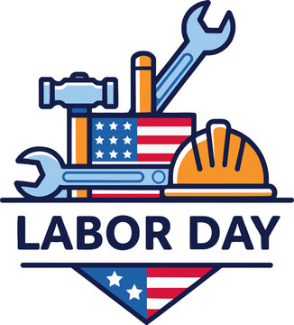 Happy Labor Day Badge with American Flag and Construction Tools