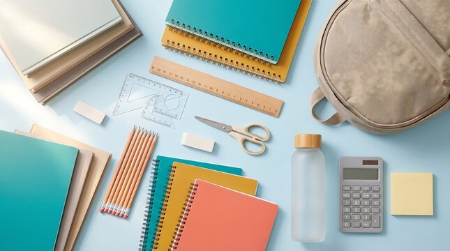 Flat lay of school supplies and backpack on a light blue background.