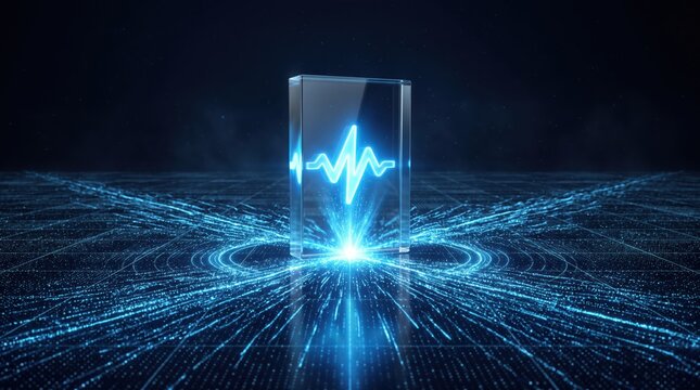 Glowing blue glass cube with a heartbeat line on a dark background with blue light rays and grid pattern