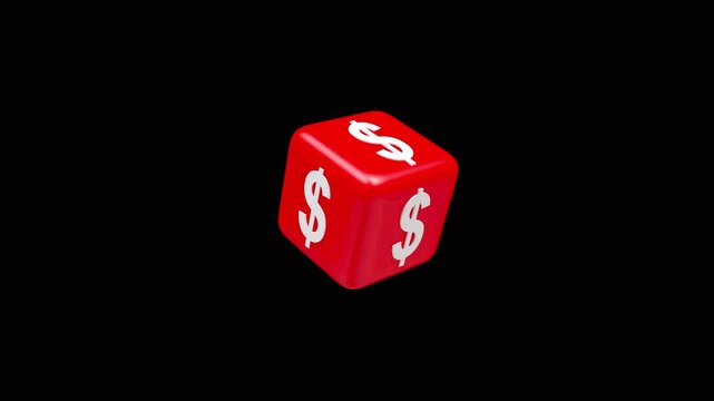 A glossy red cube marked with dollar signs rotates against a black background, illustrating money, finance, risk, and chance in a clean 3D animation