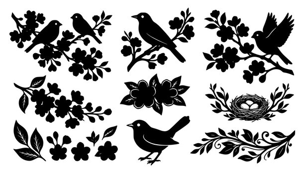 Black Bird Silhouettes and Spring Tree Blossom Graphic Elements Vector Clipart Set for Laser Cutting Stencils Vinyl Decals and Invitation Card Designs