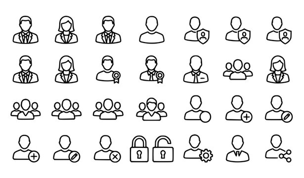 User Profile and Account Management Line Icon Set with Team Collaboration Security Settings and Human Resource Symbols for Websites and Apps
