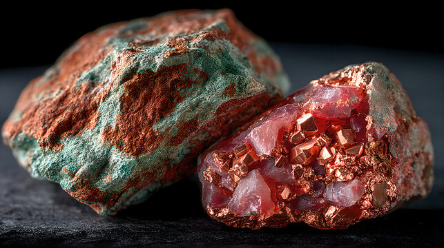 Close up of copper ore raw material,with the ore placed on top of black shale, subtle metallic reflection, emphasizing advanced energy storage materials and strategic mineral significance