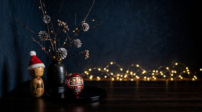Luxury Japandi Christmas Decor with Kokeshi Doll and Daruma Ornament for Holiday Branding