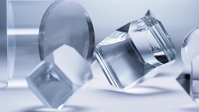 Clear glass, crystal objects, transparent shapes, ice cubes