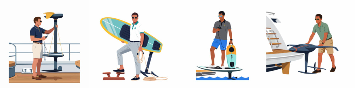 Set of flat vector illustrations featuring men with electric hydrofoil surfboards and water sports equipment on luxury yachts and at sea.
