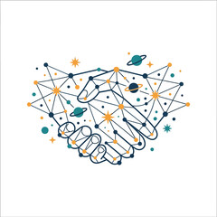 A digital handshake formed by connected nodes and cosmic stars © iin