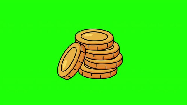 Animated gold coin stack icon growing taller, money wealth symbol, flat doodle style, green screen and white background versions, video