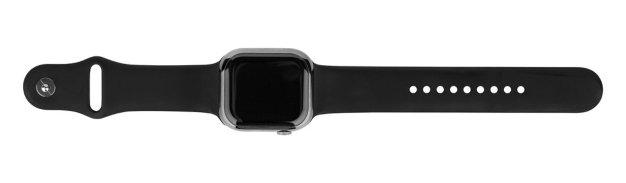 Modern black smartwatch with silicone strap isolated on white background