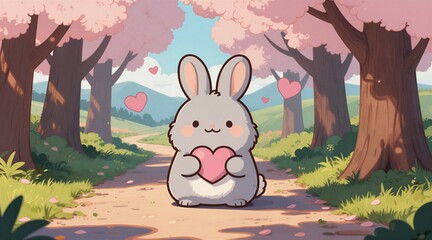 Fototapeta premium Fluffy bunny holds pink heart in blossom forest. Gentle creature sits on dirt path amid trees mountains. Pastel colours create peaceful spring scene. Sweet animal radiates love nature.