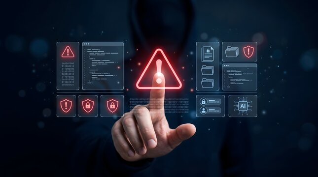 Hacker touching warning sign with AI and data icons