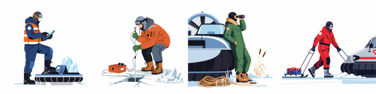 Set of illustrations featuring polar explorers and scientists conducting research and transportation using hovercrafts and specialized equipment in extreme Arctic conditions.