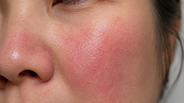 Close-up of female face with red irritated skin on cheek showing natural skin texture and pores