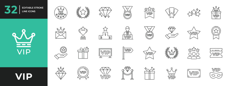 Vip editable stroke line icons set vector
