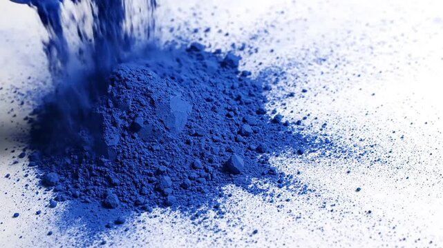 Close-up of raw indigo dye pigment deep blue powder spilling and spreading on a white surface