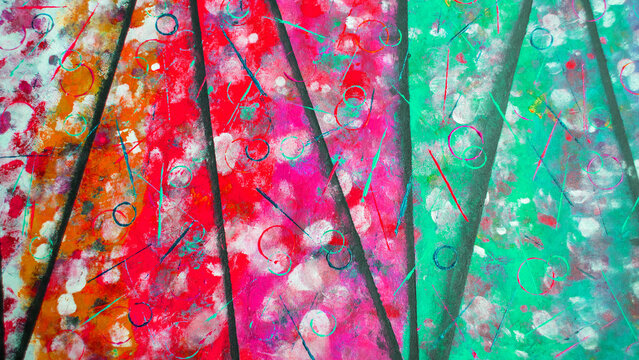 Element of abstract acrylic painting. Circles and lines of different colors