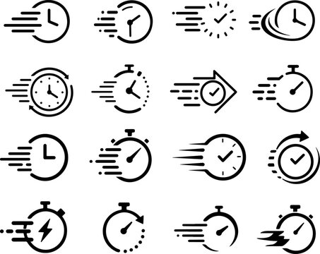 Quick time icon set for speed and efficiency concepts. Time management stopwatch symbols and rapid service delivery indicators in modern vector illustration style.