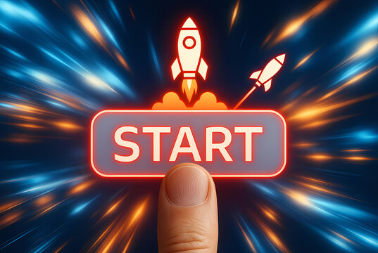 A finger pressing a glowing start button with rockets blasting off into a vibrant, starry night sky with dynamic energy lines.
